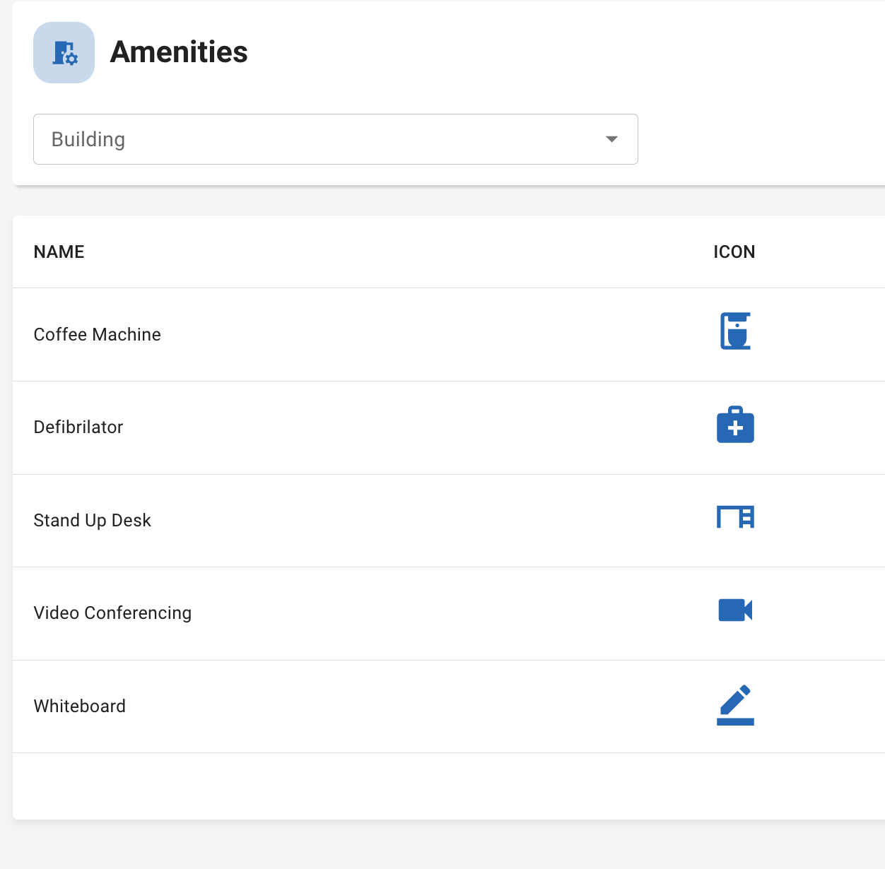 UMA Workspace — Amenities admin list (Coffee Station, Defibrillator, Disabled access, Elevator)