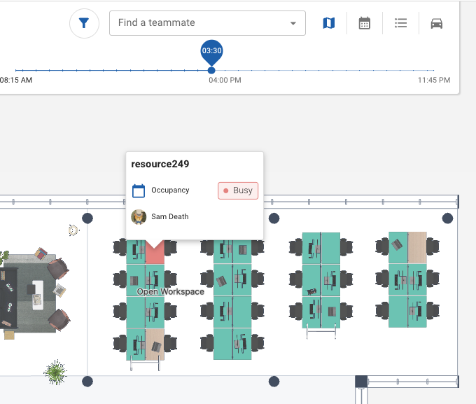 UMA — Find a teammate floor view. Sam Death busy at resource249 in the Open Workspace.