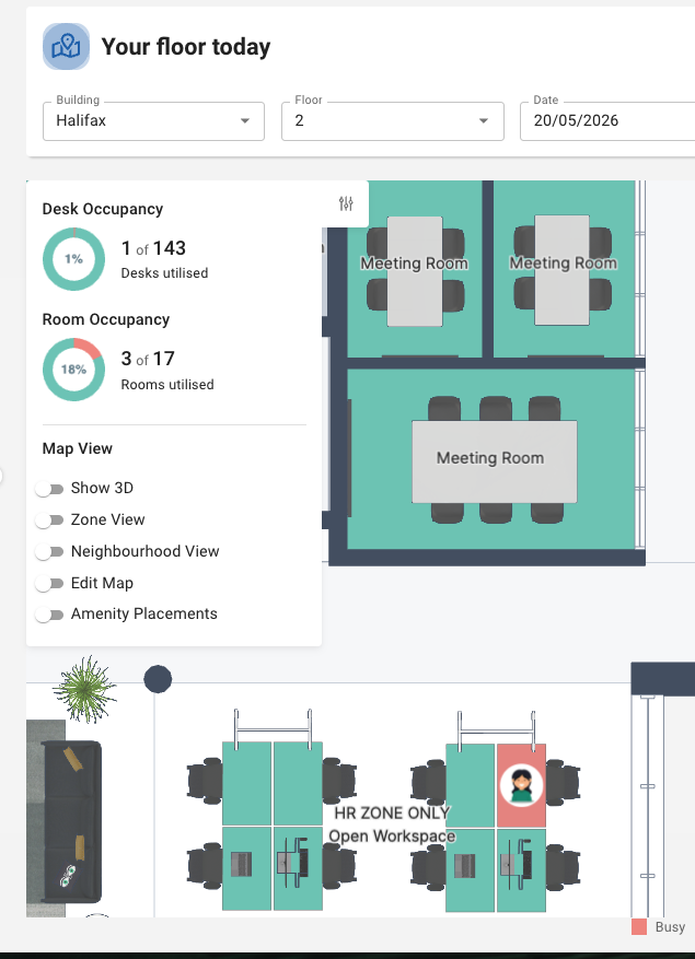 UMA floor map — Halifax, Floor 2, showing meeting rooms, HR zone and the user's avatar on an occupied desk
