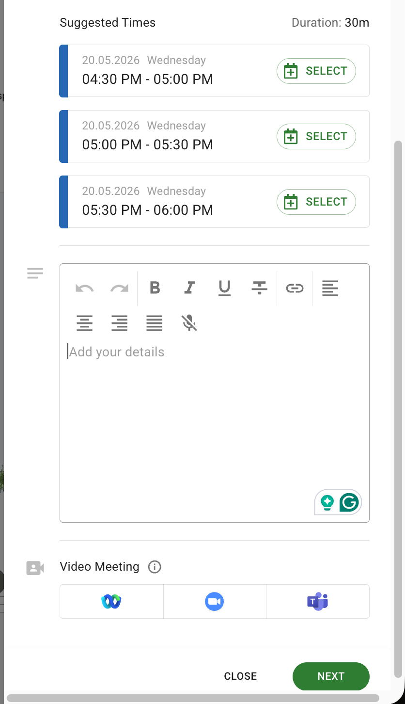 UMA — Suggested meeting times for 30 minutes on 20.05.2026 plus Video Meeting selection (Webex, Zoom, Teams)