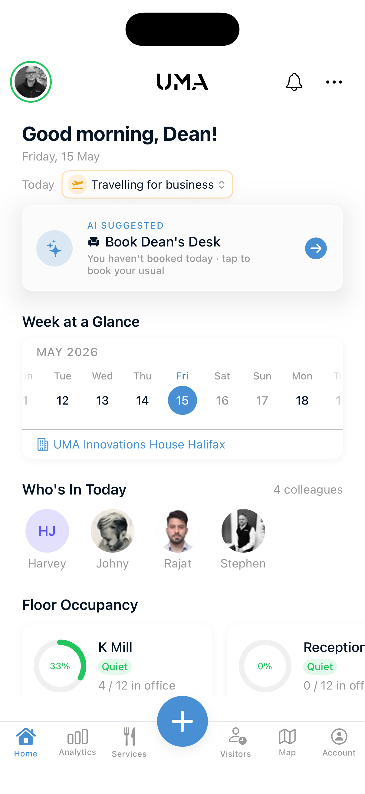 UMA Connect: Home screen on iPhone